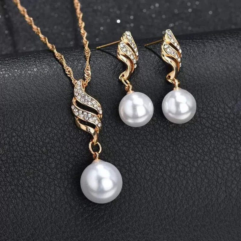 Necklace Drop Earrings Jewelry Sets for Women Rhinestones Imitation Pearl Pendane Neck Ear Dangle Geometric Personality Jewelry