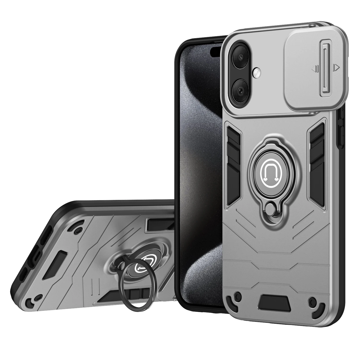 Rugged Armor Shockproof Phone Case with Sliding Window and Metal Ring Holder