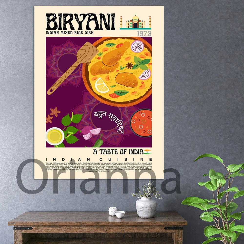 Póster de estilo Retro de Biryani, arte de pared de cocina india, Impresión de comida india, decoración moderna de cocina, diseño de comida Rangoli Art CanvasPainting