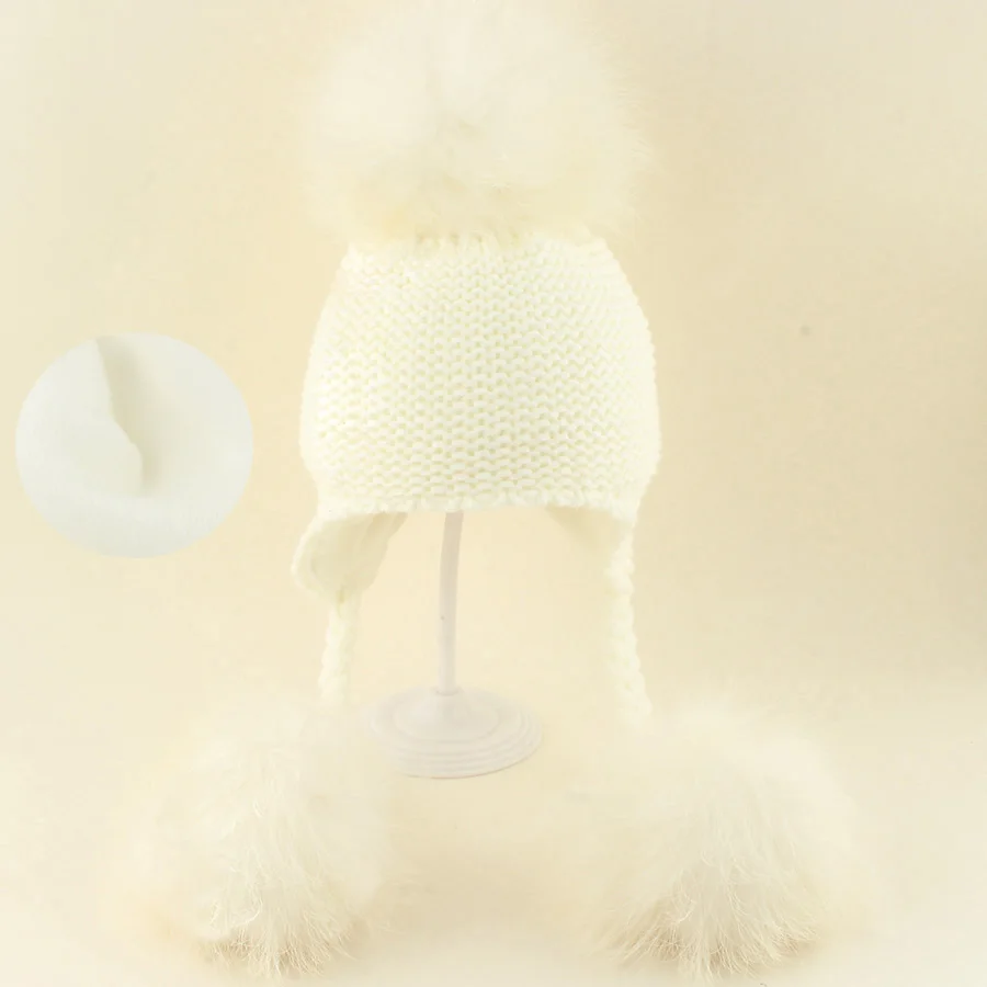 Winter Echtpelz Pompom 3 Ball Hut Warme Samt Futter Gestrickte Mützen Für Kinder Baby Outdoor Feece Kappe Ohr Schutz Hüte – Detail 7
