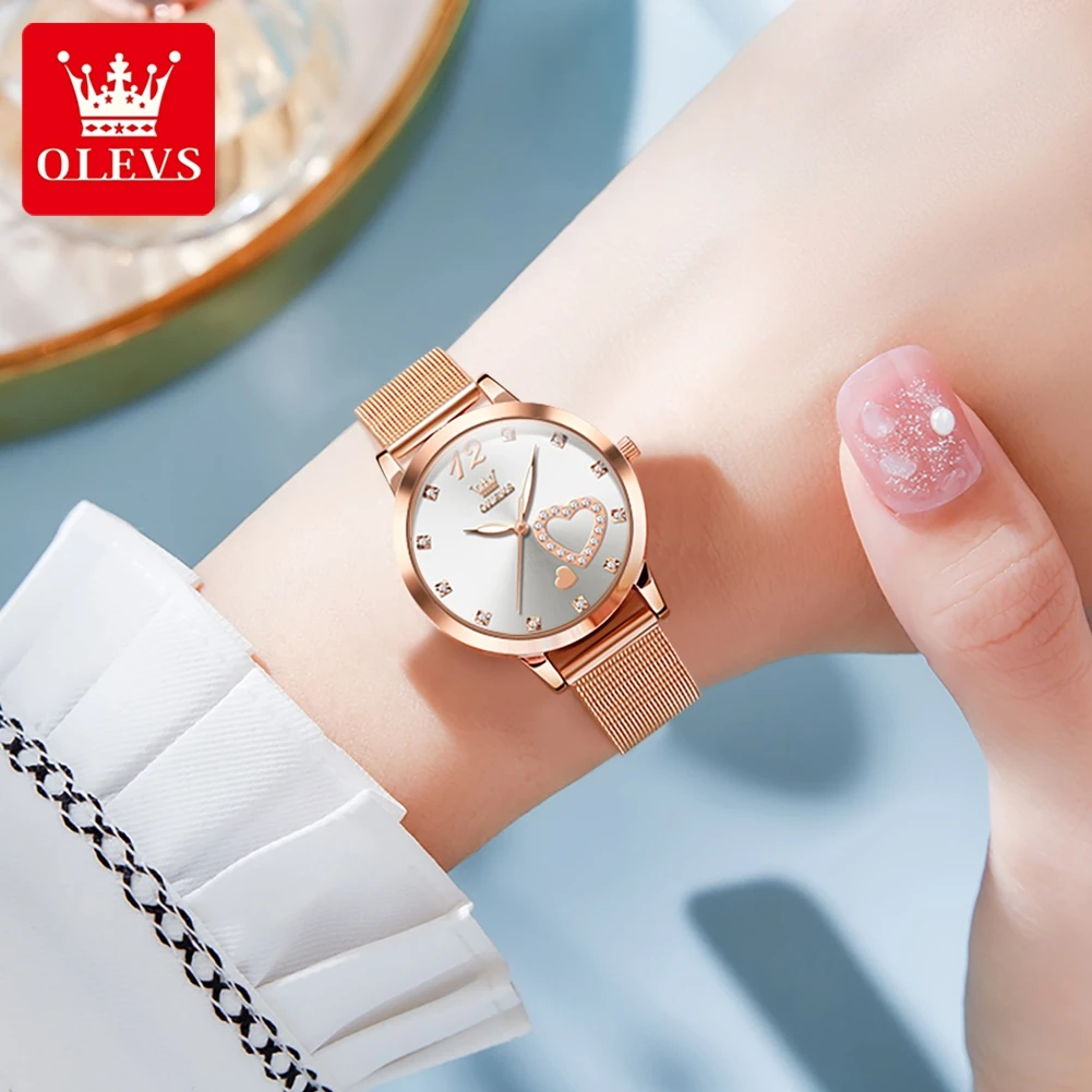 OLEVS 5189 Women's Watch Quartz Wristwatch Casual Fashion Watch for Ladies Waterproof Luminous Mesh Belt Love Dial Zircon Scale 4