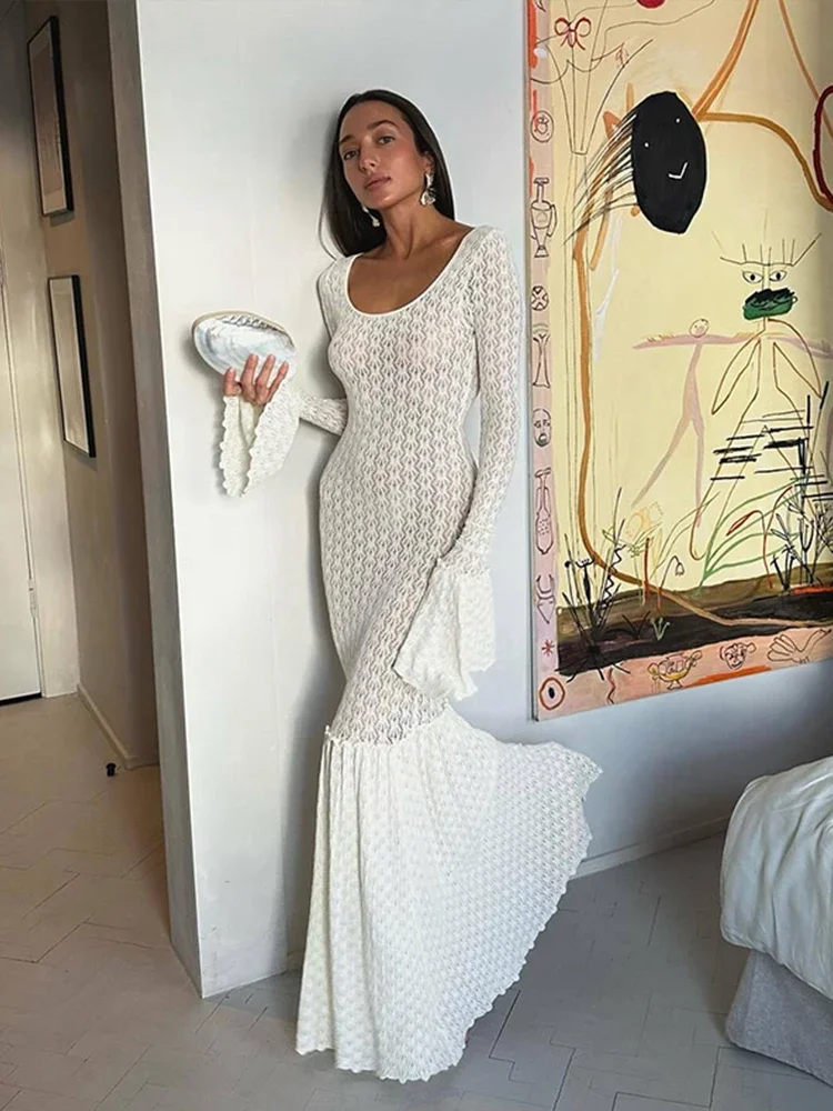 

Sexy Knit Beach Long Dress Women Hollow-Out O-Neck Full Flare Sleeve Bikini Cover-Ups Dresses Fall Backless Holiday Party Robe