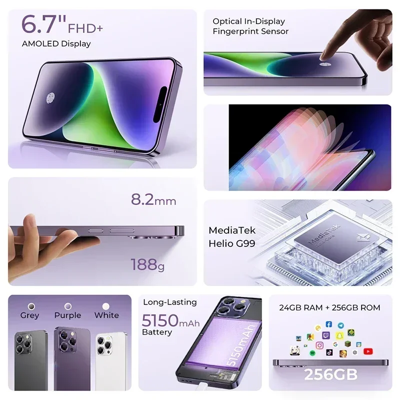 OUKITEL P1 Smartphone 6.7'' AMOLED Display 8GB 256GB MTK Helio G99  Android 14 Global Version 50MP Camera 5150mAh NFC Cellphone 3