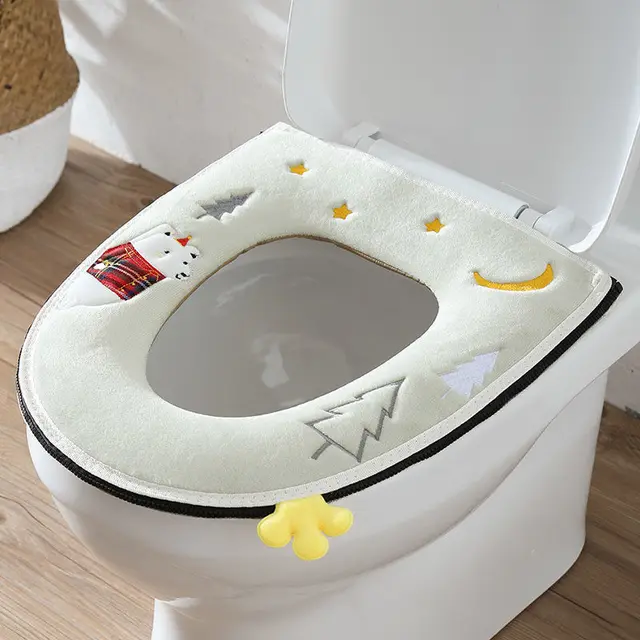 【Happier】 Cute Cartoon Bathroom Toilet Seat Cover Universal Thickened Plush Toilet Cushion Overcoat Zip Toilet Case Mat Household Supplies. 
