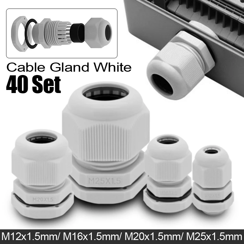 Cable Gland White 40 Set 10x M12 10x M16 M20 M25 x1.5mm IP67