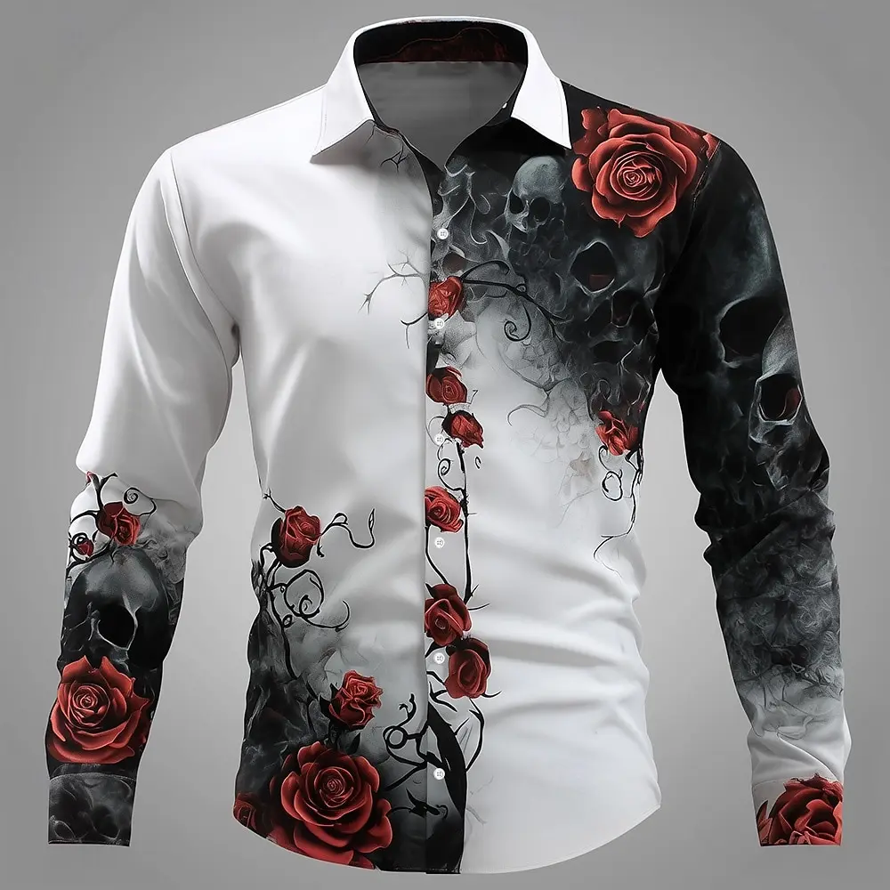 Men's Floral Print Rose Flowers Shirt Button Up Shirt Long Sleeve Dark Gothic Style Streetwear Summer 3D Print Collared Shirts