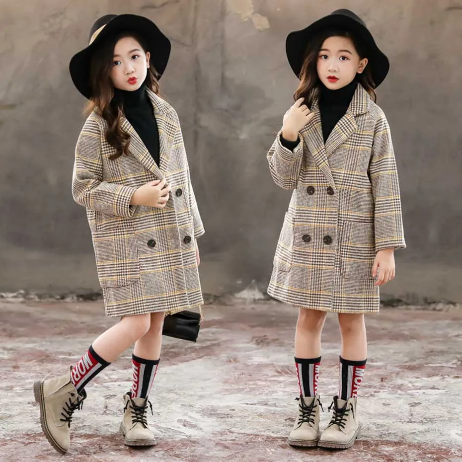 

Winter Coat For Girls Thick Woolen Jacket For Girls Fashion Plaid Kids Outerwear Autumn England Teenage Clothes For Girls School