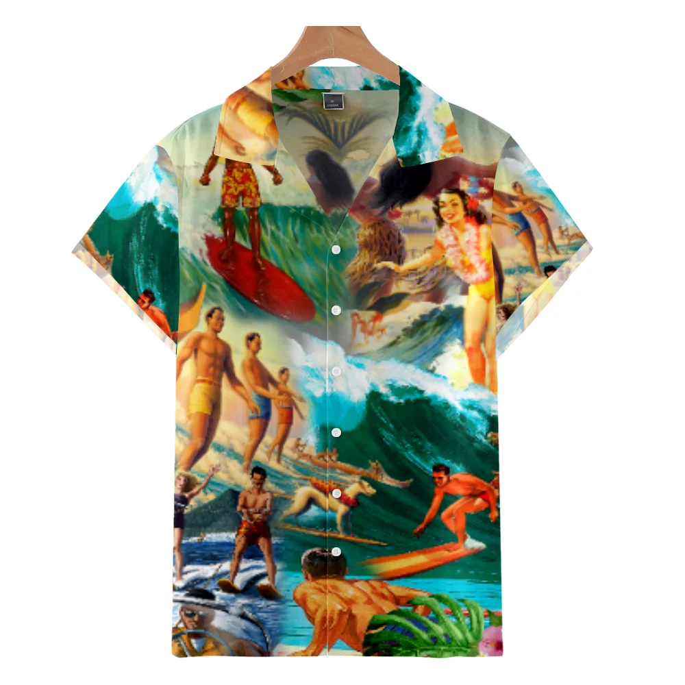 New Casual Men's shirt Oversize Sea Surfing Cool Short Sleeve Tops Highstreet Hip Hop Summer Beach Party Wear