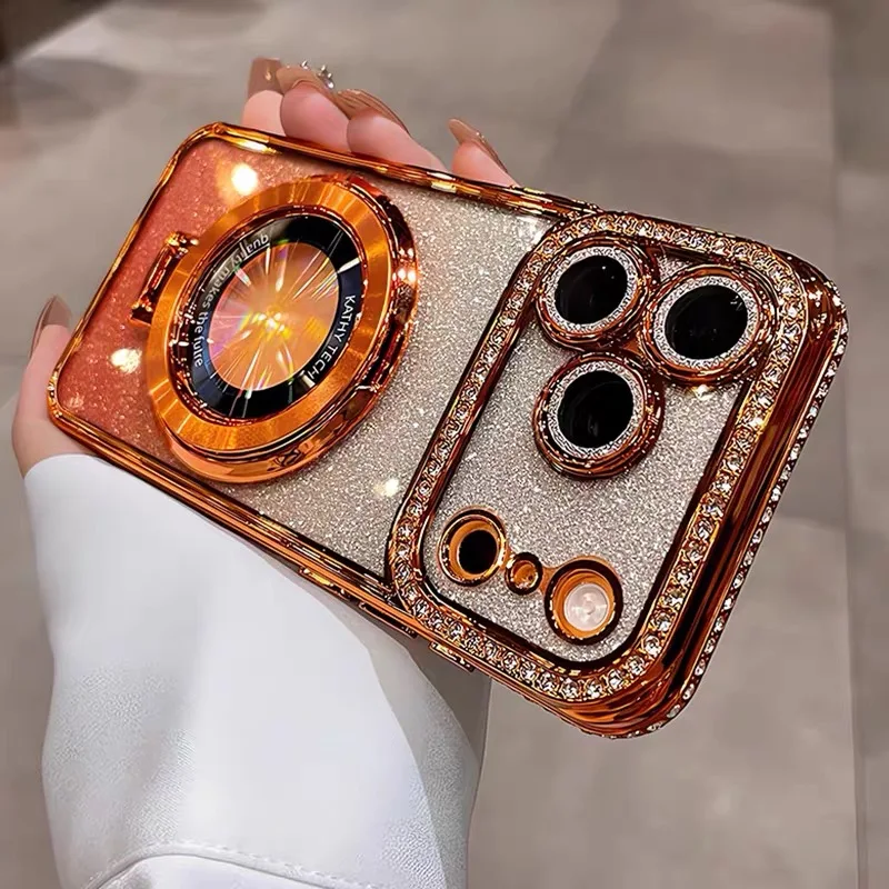 Luxury Diamond Gradient Glitter Ring Holder Phone Case with Plating Metal Bracket and Shockproof Cover