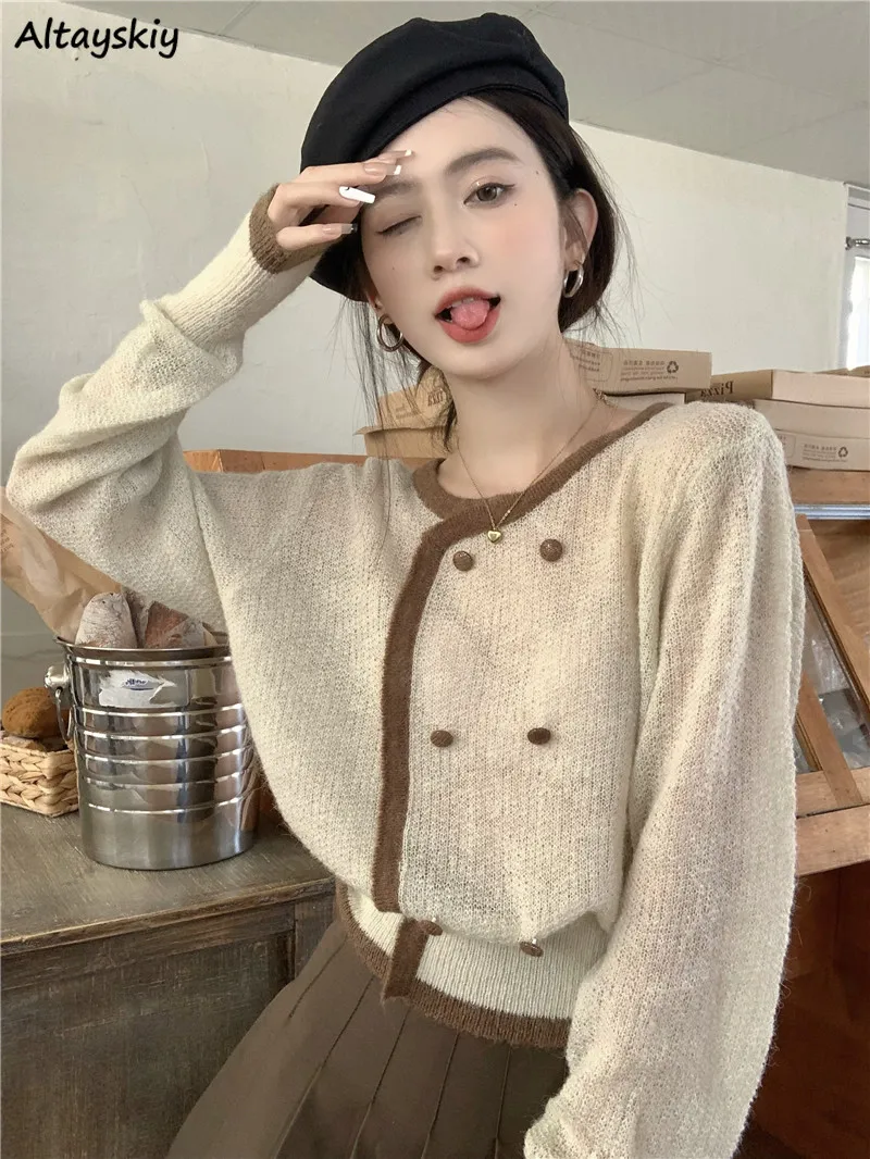 

Vintage Cropped Cardigan Women Autumn Elegant Patchwork Loose Sweater Свитер Женский Fashion Tender Casual All-match French Ins