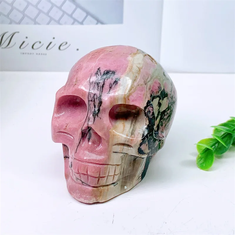 

676g Natural Rhodonite Skull Carvings Mini Statue Figurine Crystal Room Decor Halloween Decoration Witchcraft Gift 1PCS