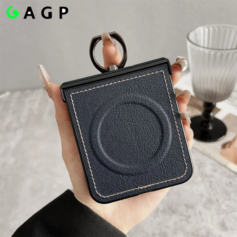Luxury Lychee Pattern Leather MagSafe Wireless Charging Case with Ring Holder and Hinge Cover