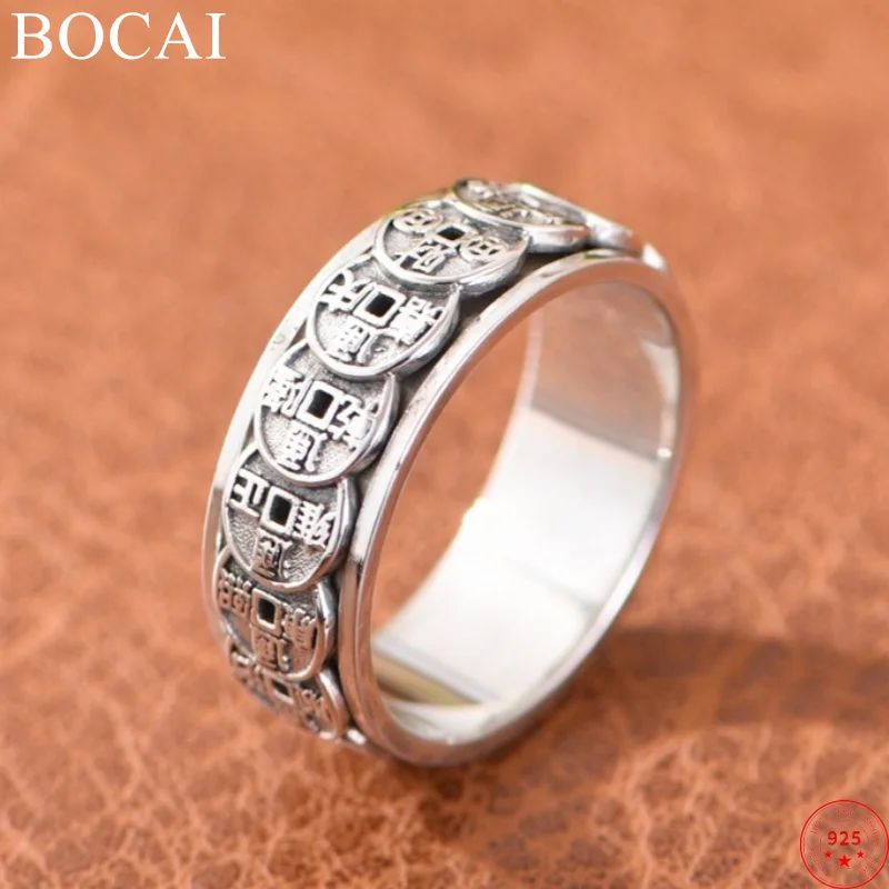 

BOCAI S925 Sterling Silver Rings for Men Women Men New Fashion the Five Emperors Coin Pattern Rotatable Jewelry Free Shipping