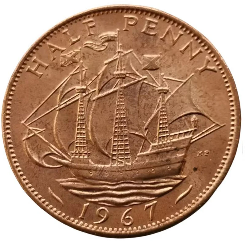 Queen Elizabeth Uk 1967 Half Penny 1/2 Penny Coin Barca A Vela Moneta Di Rame Viola