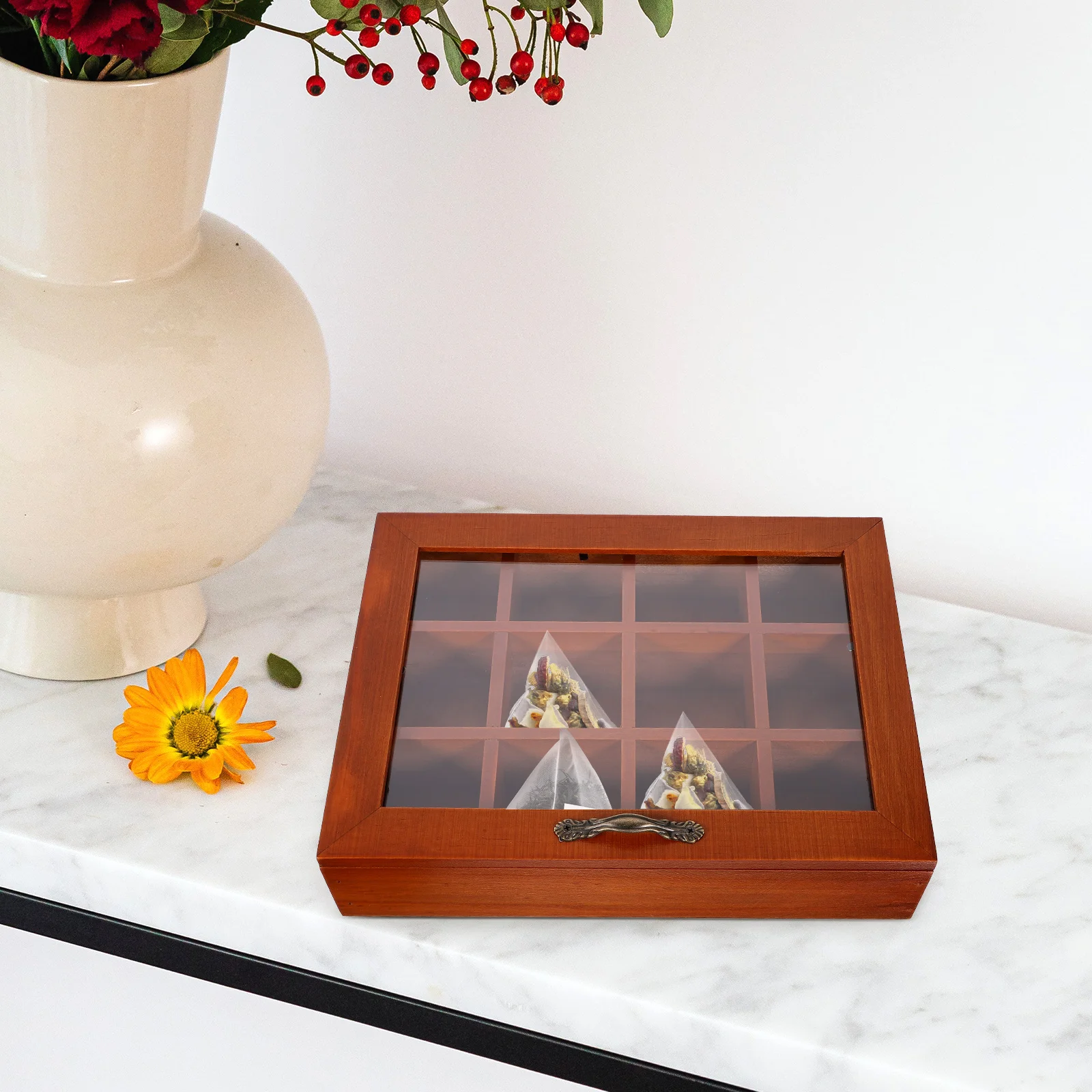 Grids Wood Tea Bag Holder Sugar Packets Spice Pouches Storage Case Instant Coffee Boxes Kitchen Storage Tea Box With Clear Lid