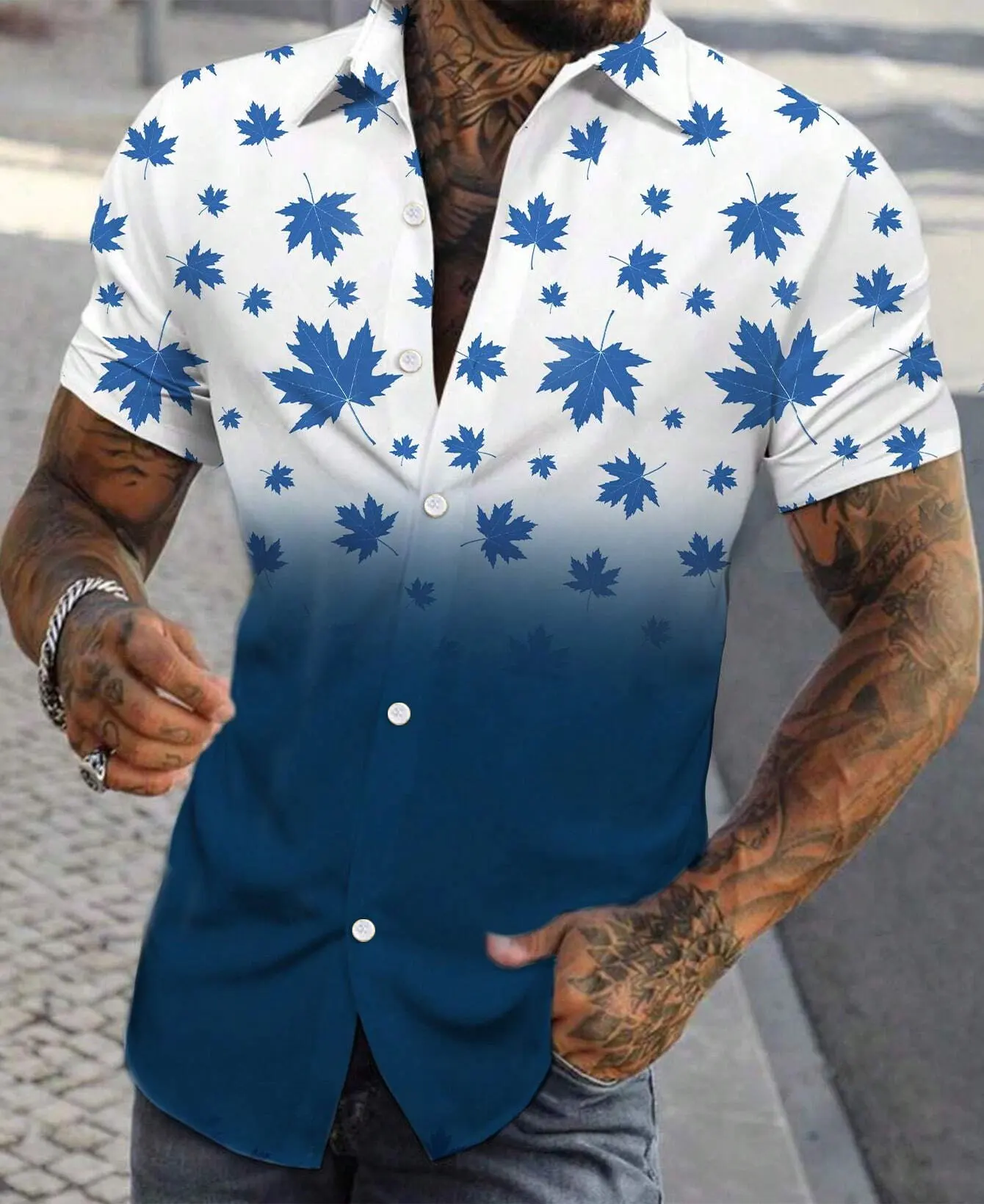 

New 3D Men's Gradient Maple Leaf Printed Short sleeved Shirt Regular Holiday Casual Top