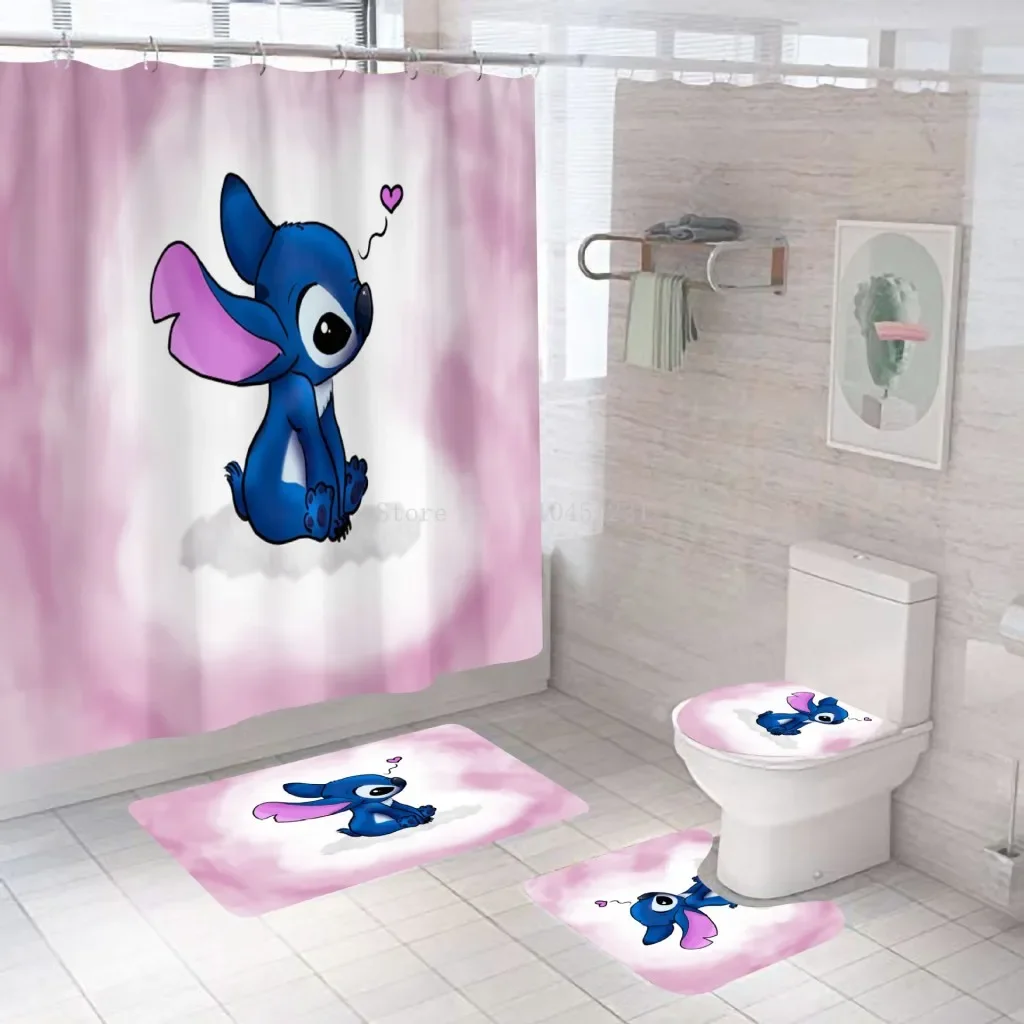 Hot Disney 3D Lilo & Stitch Waterproof Bathroom Shower Curtain in the Bathroom with Hook Set Soft Bath Mat Toilet Carpet Rugs