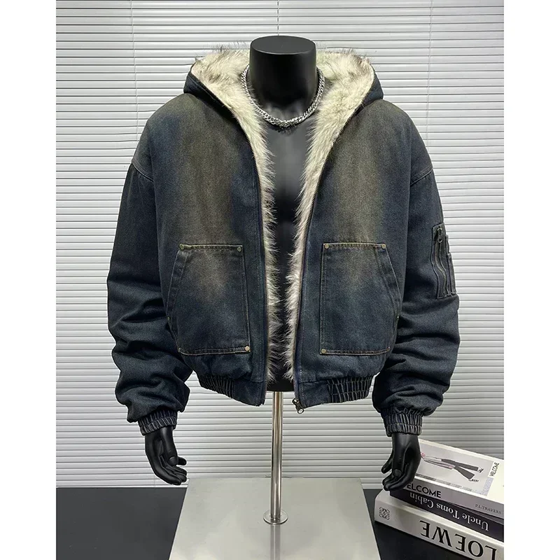 Autumn and winter loose denim jacket with thickened and warm retro design hooded cotton jacket men's jacket
