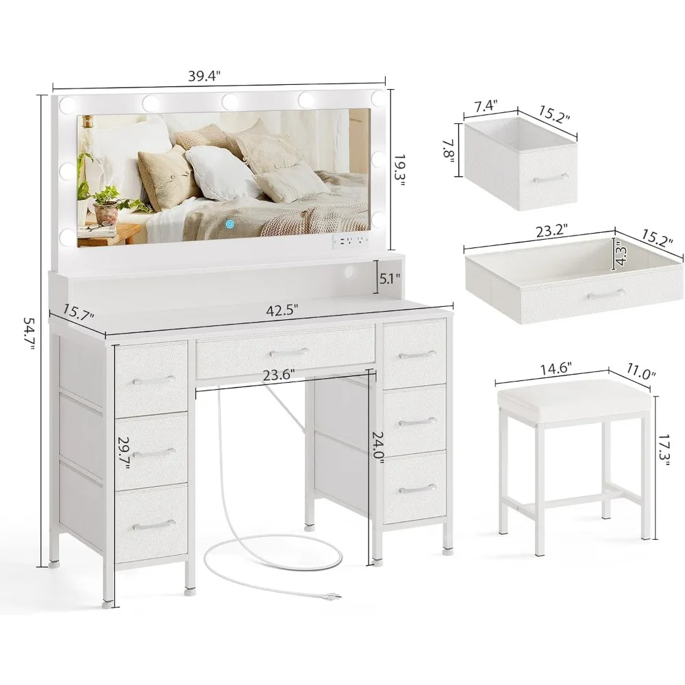 Vanity Desk with Mirror and Lights, Makeup Vanity with Upholstered Vanity Stool,Fabric Drawers,9 Dimmable LED Bulbs,Vanity Set 6