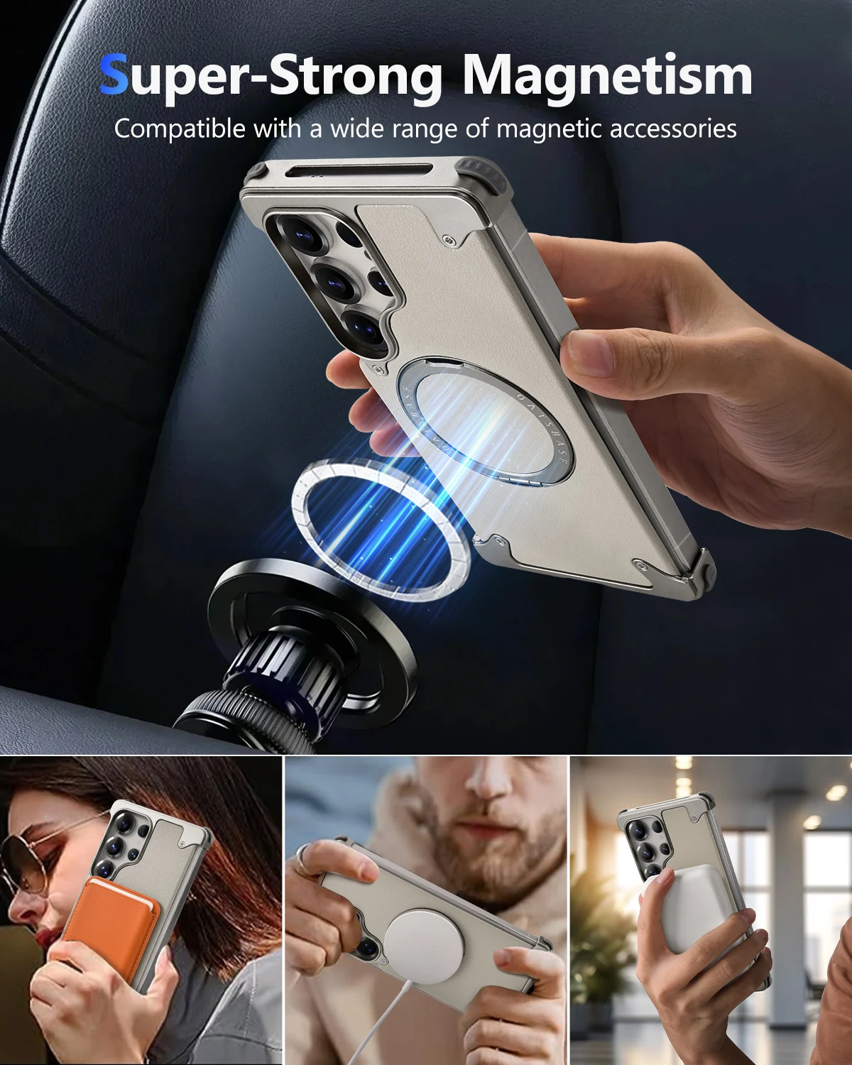 Eary for Samsung Galaxy S25 Ultra Phone Case Frameless with 360 Rotatable Stand Magsafe Metal Leather Shockproof Protector Cover