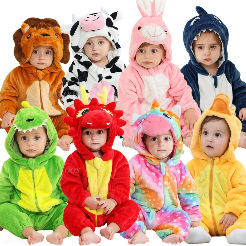 0 to 1 2 3 4 Years Kids Kigurumi Rompers Winter Hooded Cartoon Jumpsuit Baby Clothes Children Animal Halloween Cosplay Costumes cosplay costumes