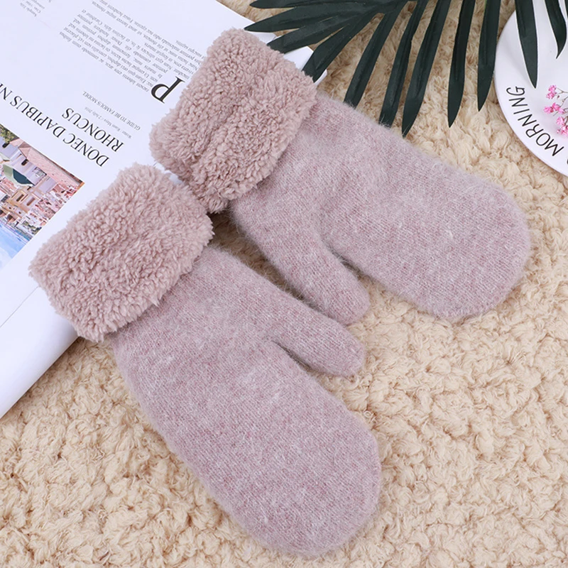 Winter Warm Plus Cashmere Solid Elasticity Soft Full Fingers Mittens Gloves for Women Rabbit Fur Thicken Knitted Cute Gloves