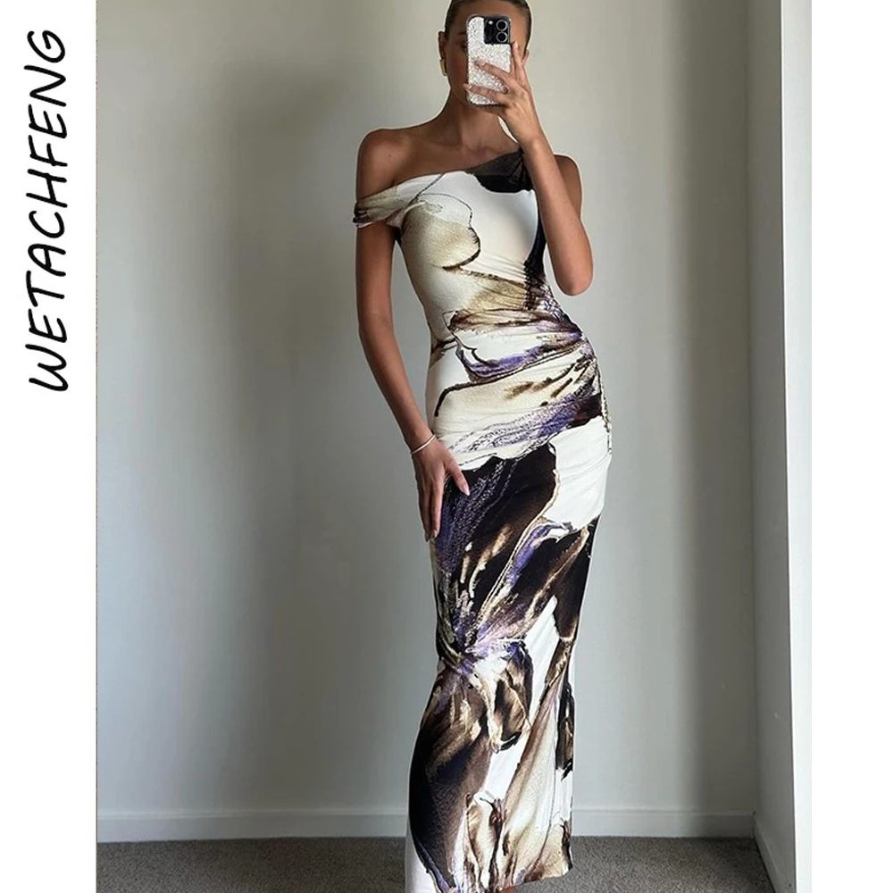 

Женское винтажное платье макси без рукавов, элегантное облегающее вечернее длинное платье с принтом, плиссированное платье на одно плечо, лето