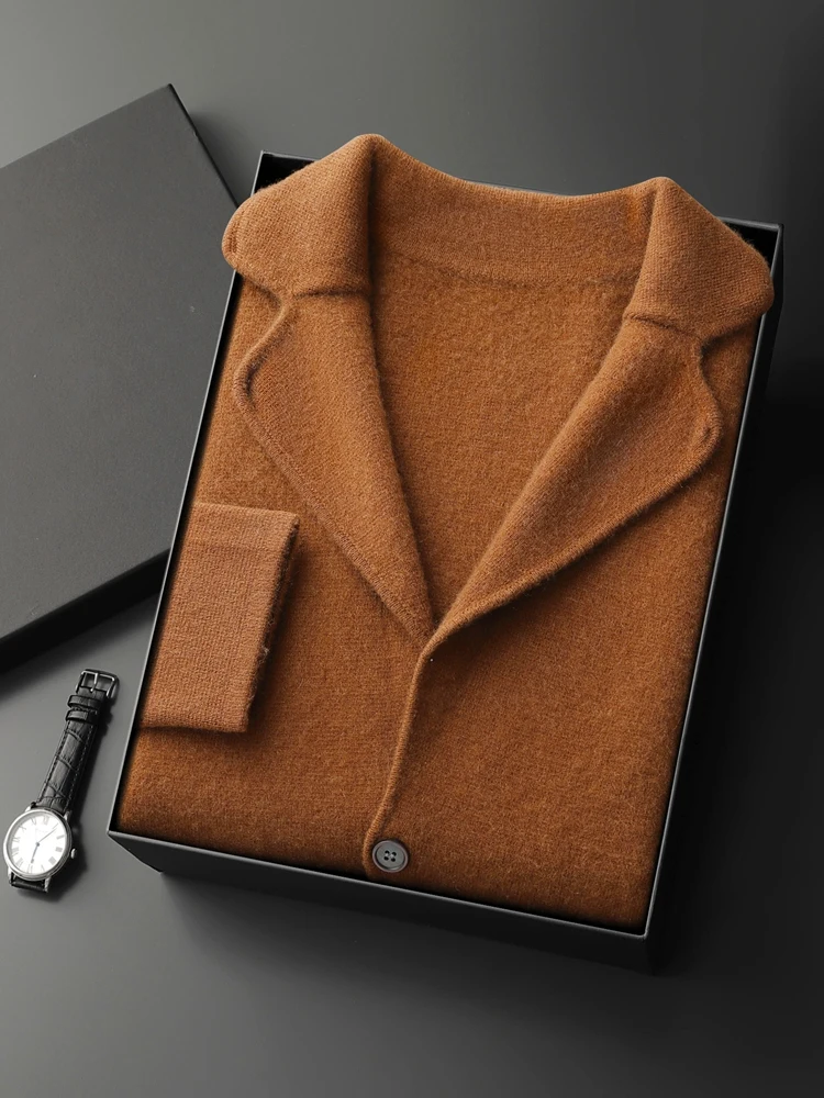 2024 Men's 100% Cashmere Sweater Suit Collar Smart Casual Cardigan Autumn Winter Thick Soft Cashmere Knitwear Sweater Coat 2