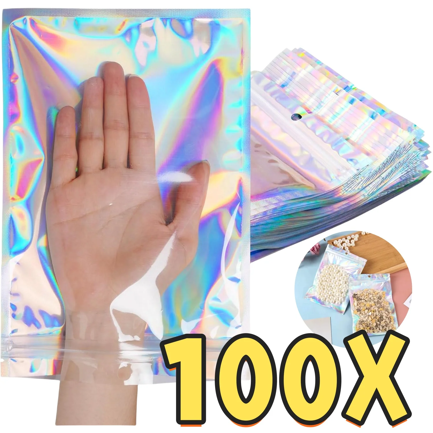 50/100pcs Laser Self Sealing Bag Holgraphic Mylar Bags Wih Clear Window Thicken Mini Ziplock Bags Jewelry Retail mylar bags,jewelry storage bags,holographic mylar bags,holographic bags