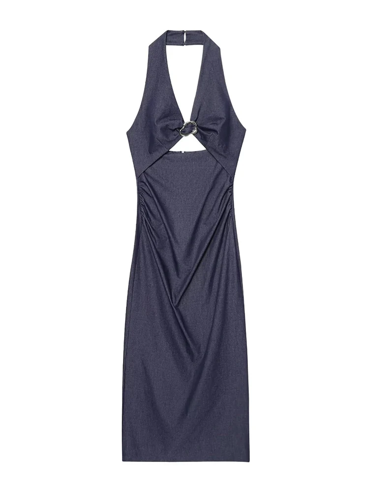 TFMLN 2025 Female Halter Hollow Denim Dress Solid Sleeveless Backless Metal Decoration Midi Dresses Summer Beach Holiday Outfit
