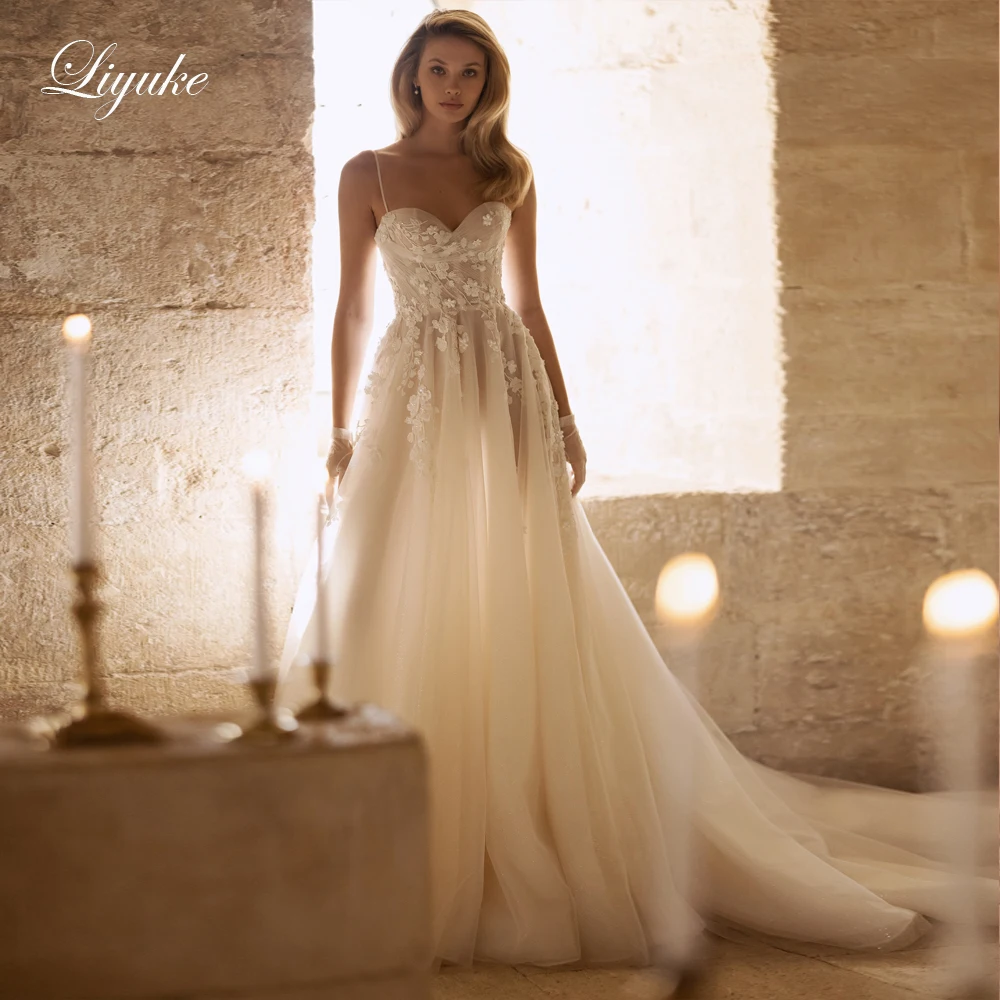 

Liyuke Silky Tulle Pleats Sweetheart A-line Wedding Dress Beading Pearls Appliques Lace Spaghetti Straps Sleeveless Bridal Gowns