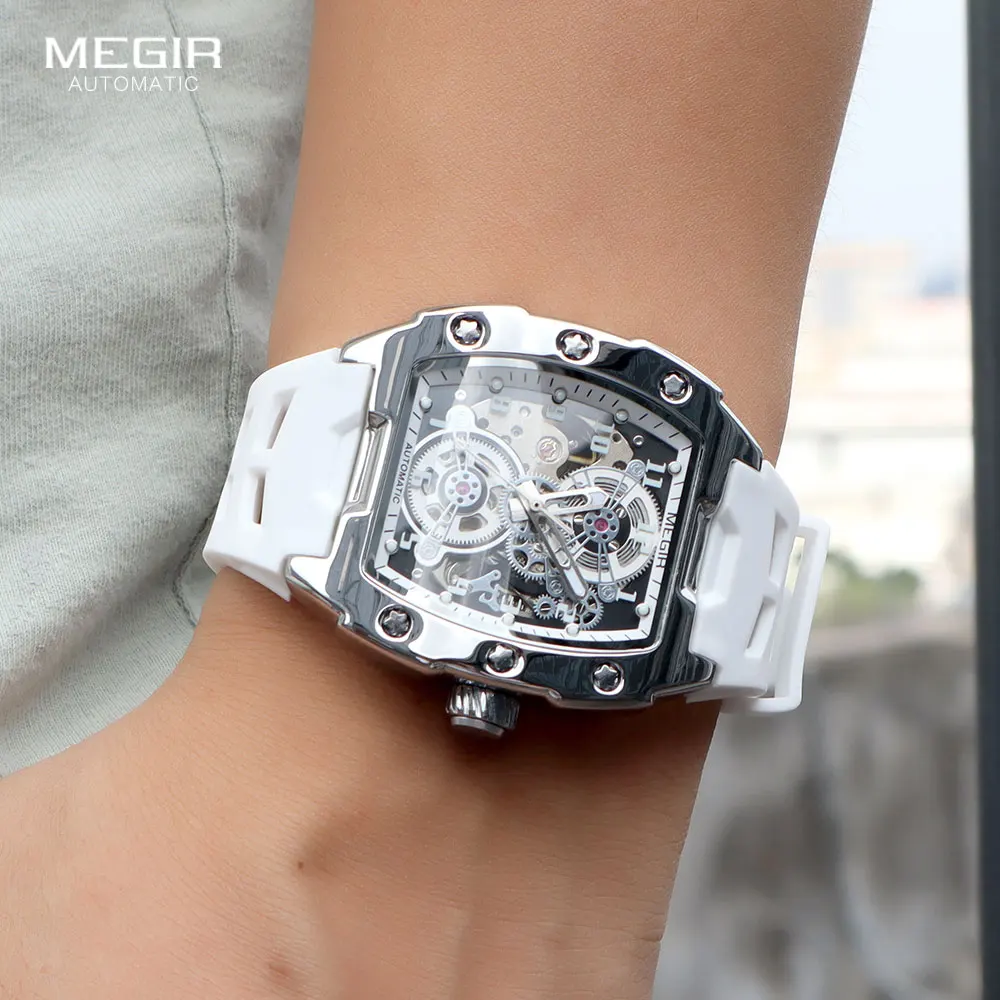 MEGIR 8602 Sport Automatic Watch Men Waterproof White Silicone Strap Mechanical Wristwatch with Tonneau Hollowed-out Dial mechanical watch