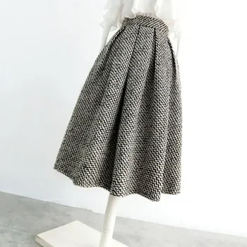 2025 New Fashion Tweed with Pocket Knee Length Skirt Winter Women Vintage Thickened High Waist Pleated A-Line Skirts Faldas 1
