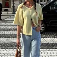Maemukilabe Vintage Button Up Short Sleeve Cardigans Preppy Aesthetic Y2K Knitted Sweater T-shirt Women Loose Fit Knitwear Tops - Image 3