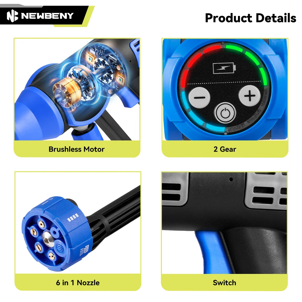 NEWBENY 200Bar 6 IN 1 Brushless Electric High Pressure Washer Cordless Car Garden Washing Power Tools For Makita 18V Battery 4