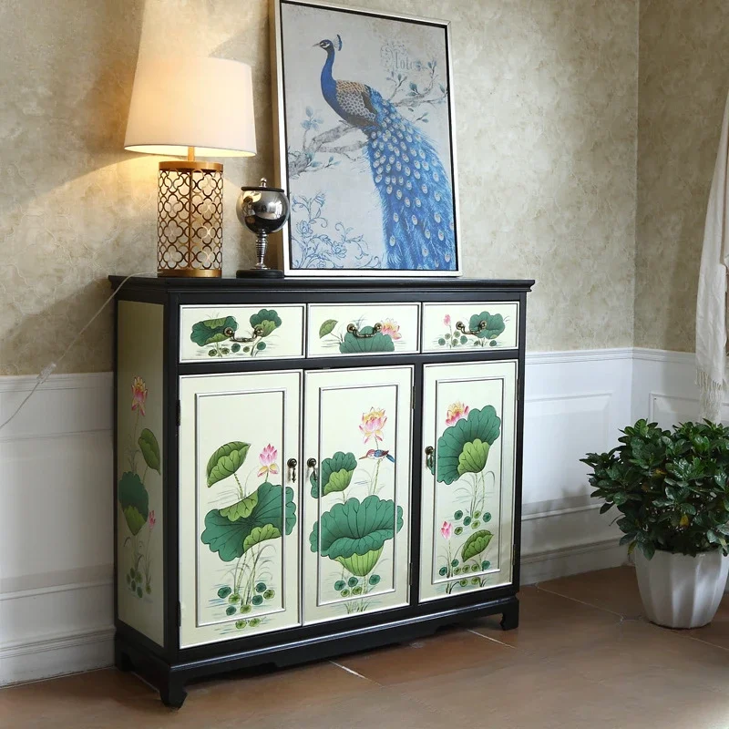 

Solid Wood Painted Lotus New Classical Entrance Cabinet Screen Hallway