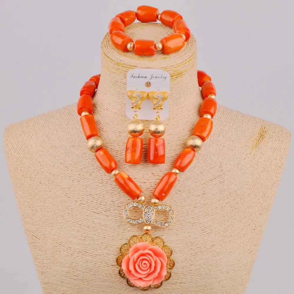 

Nigerian Wedding Coral Necklace Orange Coral African Beads Jewelry Sets