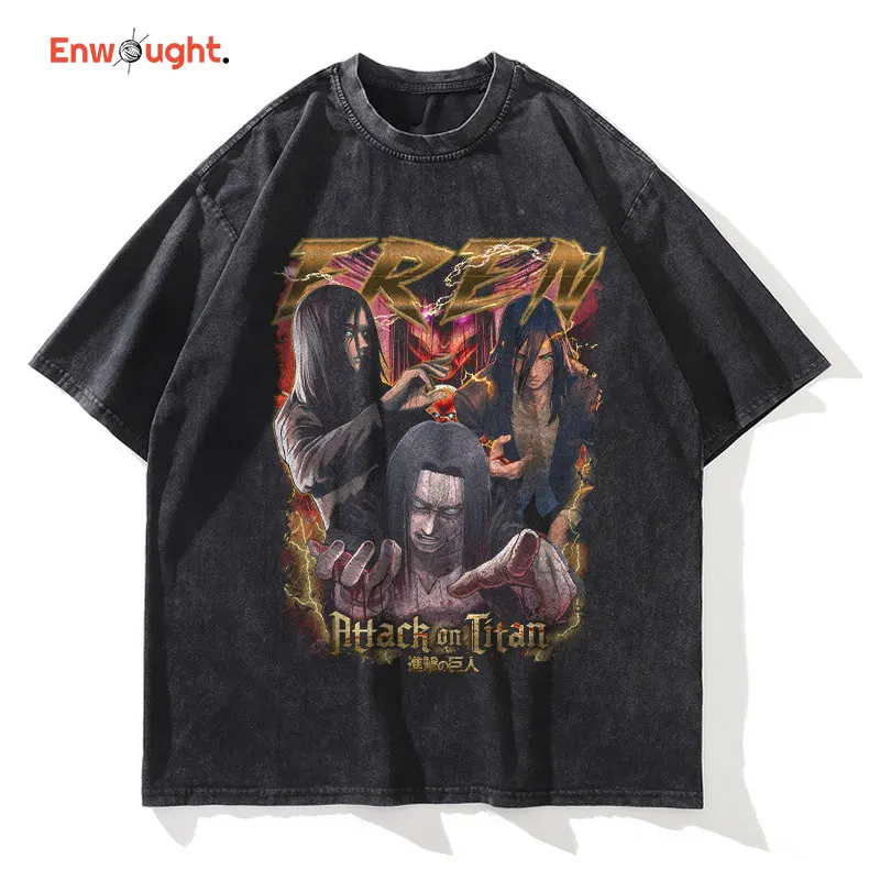 

Anime Attack on Titan Tops Tees Yeager Eren T-shirt Mikasa Ackerman Vintage Washed T Shirt Manga DTG Printing Streetwear Man