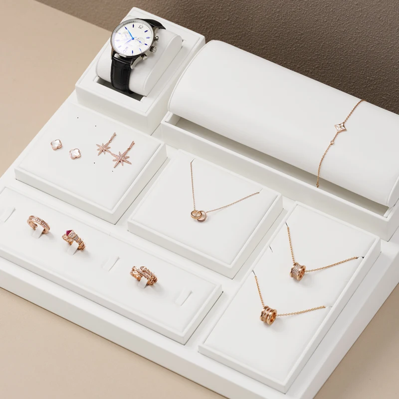 Oirlv New White PU Leather Jewelry Display Organizer Props Ring Pendant Necklace Holder Jewelry Rack Display Stand Set Showcase