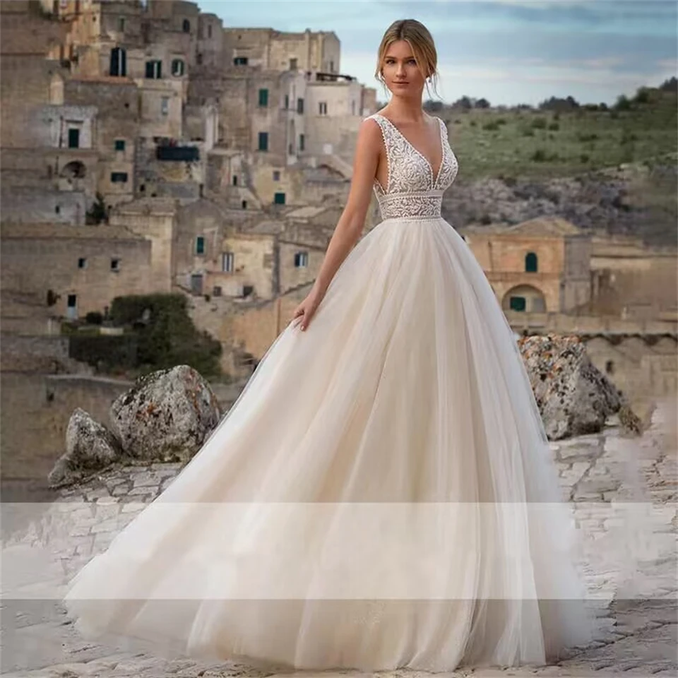 Elegant V-Neck Lace Tulle Backless Cut-out Wedding Dresses For Woman 2024 Sweep Train Ball Gowns Bridal Gowns vestidos de novia
