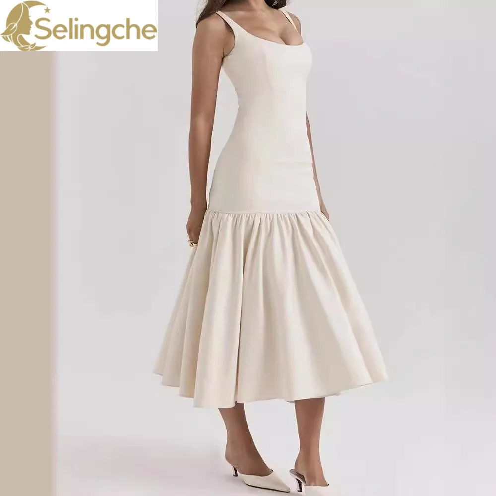 

2024 Spring/Summer New Style Gentle and Elegant Milk White Small Fresh Round Neck Sleeveless Solid Color Pleated Slim Fit Dress