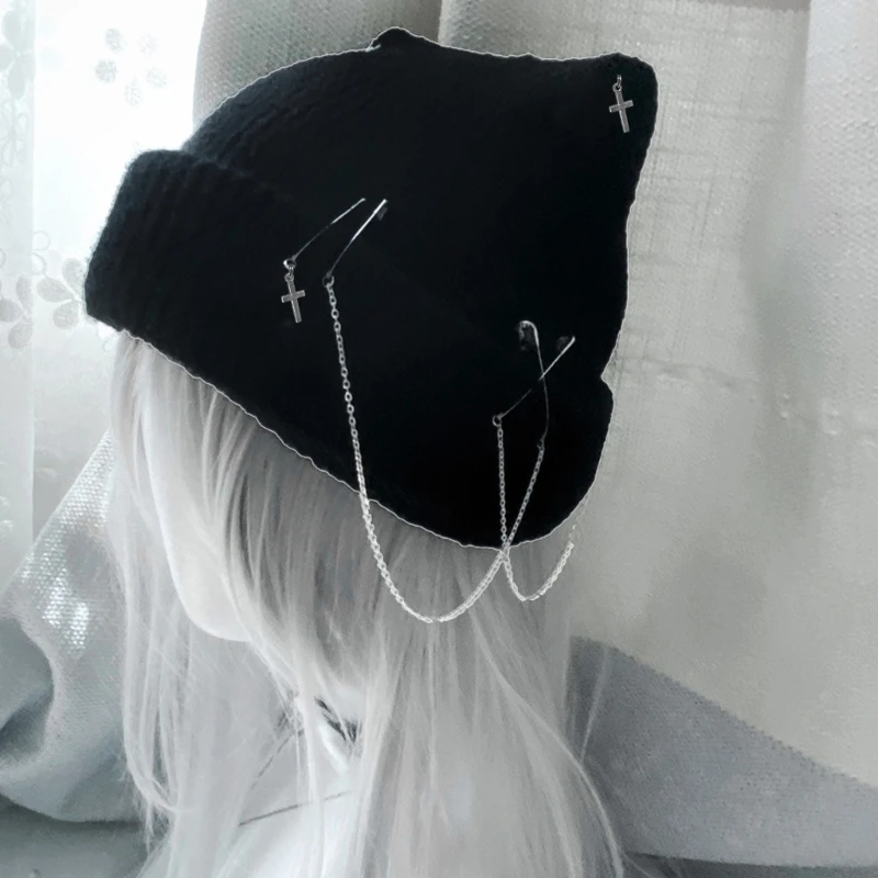 

Harajuku Female Knit Beanie Hat with Cat Ear Y2K Women Casual Street Hat GirlsGothic Tassels Skull Hat