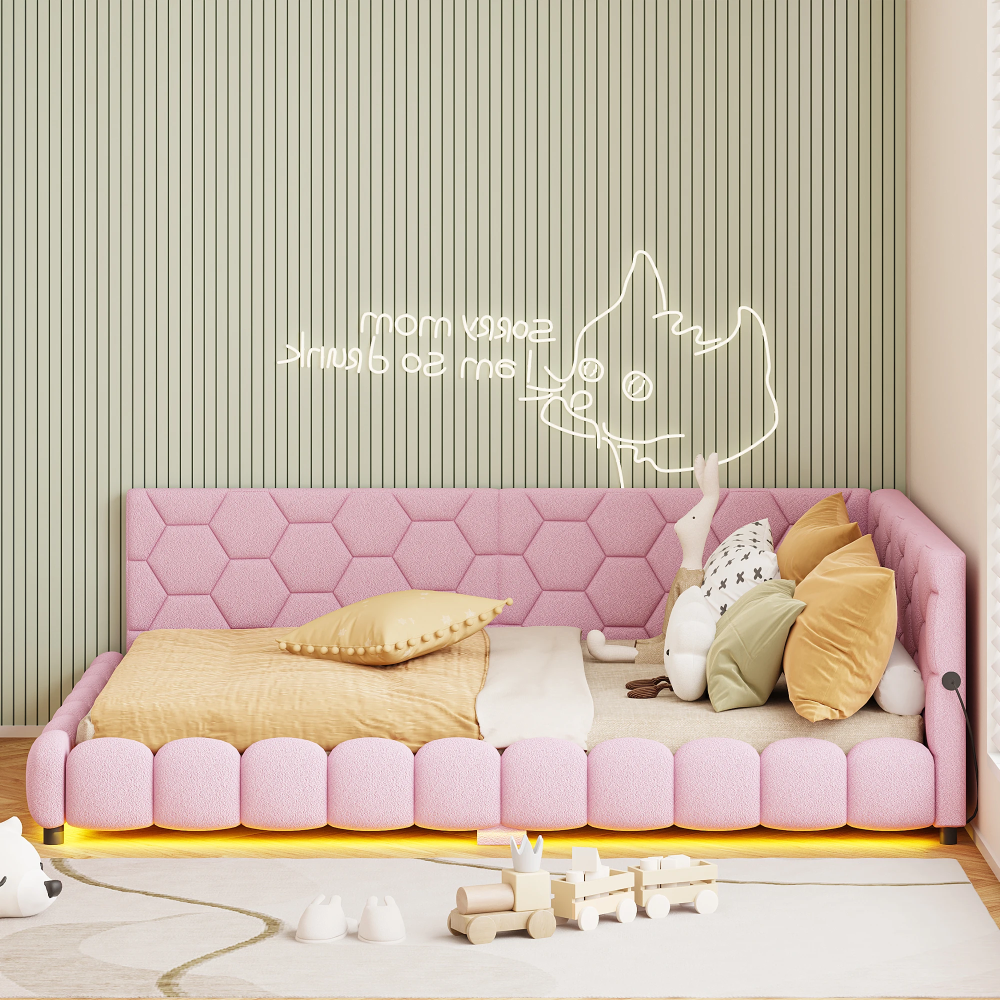 Sofá Cama Tapizado Con Luz LED Y Puertos USB - 140x200 Cm, Somier De Láminas, Color Rosa