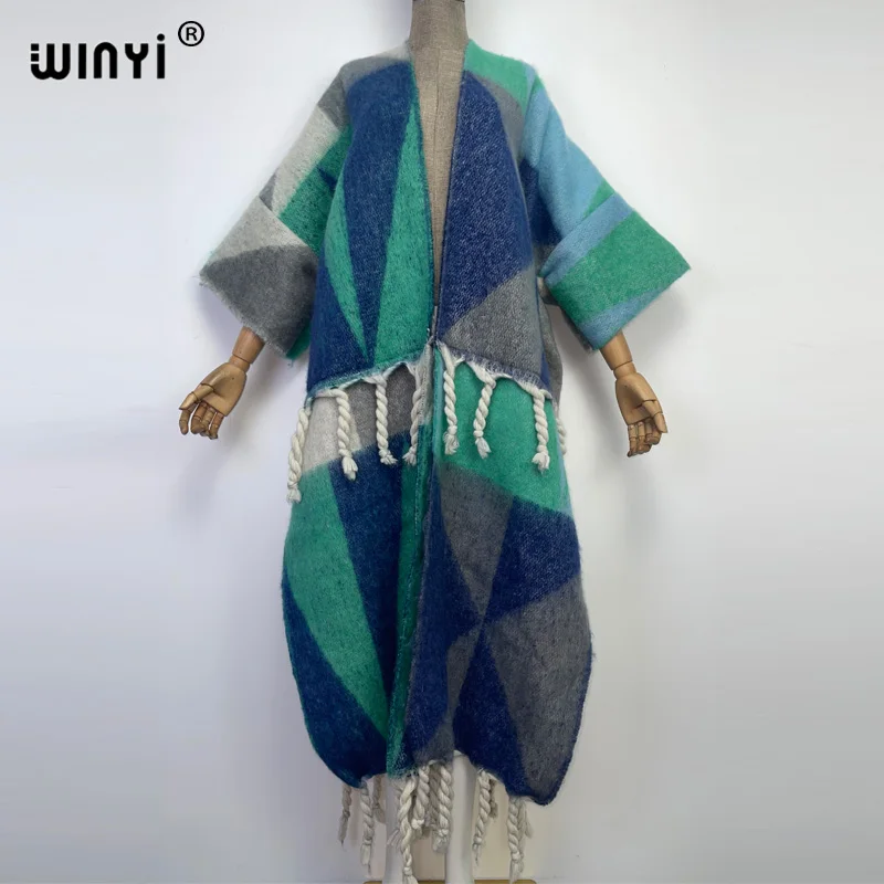 WINYI 2022 Winter Women tassel Cardigan coat Loose Christmas dress robe longue Thick Warm free size Middle East Female Kaftan