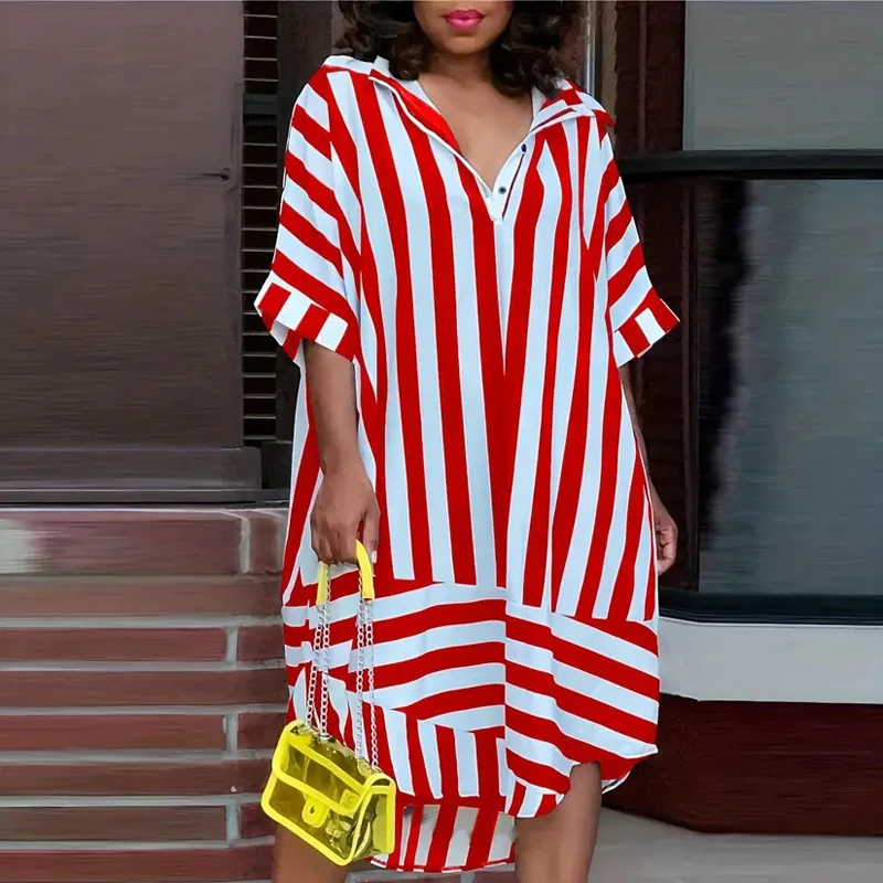 

Fashion Stripe Print Irregular Shirt Dress Women Elegant Polo Collar Buttons Loose Midi Dress Casual Short Sleeve Party Dresses