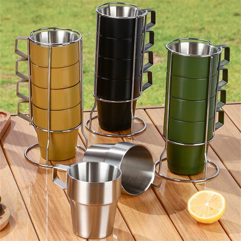 4pcsStainlessSteelCampingCupSetHikingPortableTeaCoffeeBeer