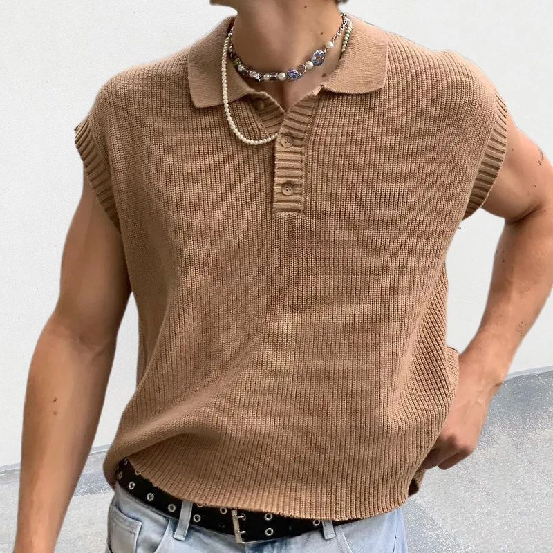 

Leisure Solid Knitting Tops Men Sleeveless Buttoned Turn-down Collar Knit Vest Shirts 2023 Spring Summer Men's Clothing Fashion