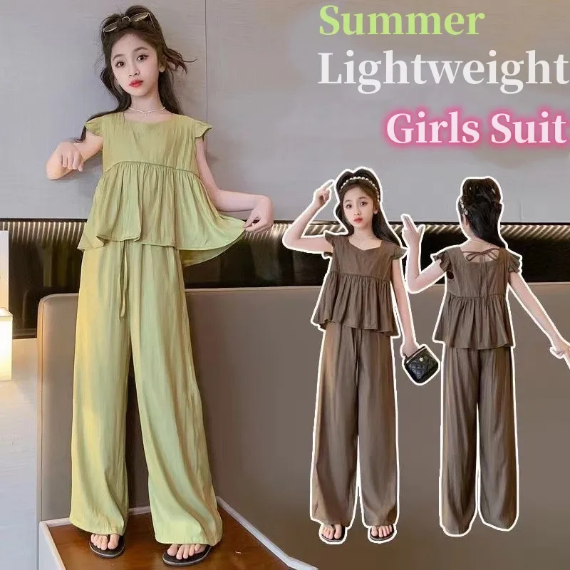 

Летняя модальная однотонная футболка с рюшами на спине для девочек, топ + штаны на шнурке, школьный детский спортивный костюм, детская одежда из 2 предметов, От 5 до 16 лет