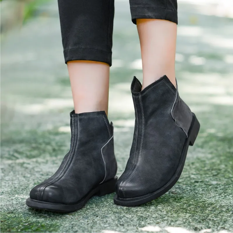 

Birkuir Genuine Leather Retro Short Boots For Women Ankle Boots Mixed Colors Back Zippers Boots Low Heel Retro Ladies Boots
