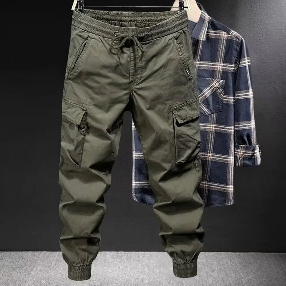 

Elastic Waistband Pants Men's Cargo Pants with Drawstring Waist Multiple Pockets Ankle-banded Design for Daily Sports Streetwear